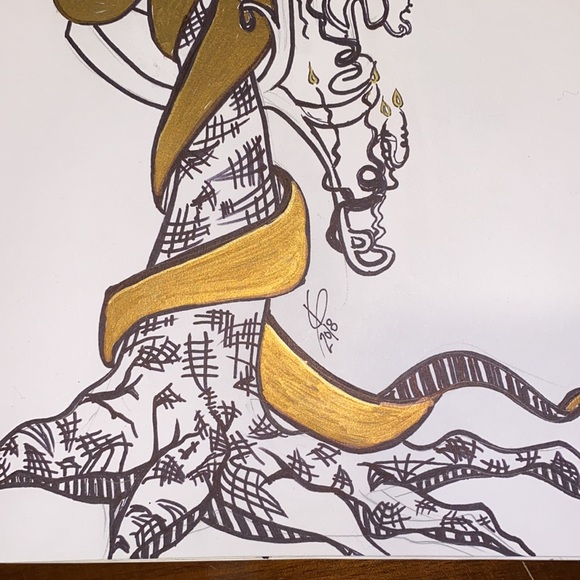 Unframed Original Art Tree Lady Drawing Illustration w Gold Metallic Highlights - Picture 6 of 6